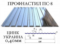 Профнастил для забора ПС-8 (Украина), цинк, 0,40 мм
