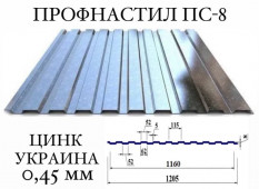 Профнастил для забора ПС-8 (Украина), цинк, 0,45 мм